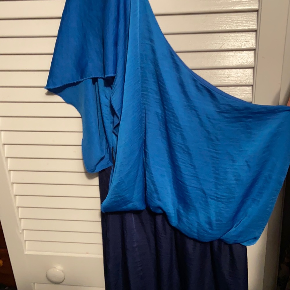 Blue short dress, one side strapless the other side short sleeves.